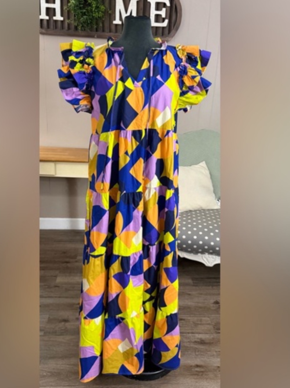 Peach Love California Colorblock Geometric Maxi Dress in Yellow, Purple, Navy